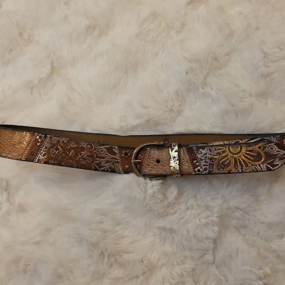 Vintage Fossil Y2k Belt Brown Leather Metallic Accents Studding Womens M